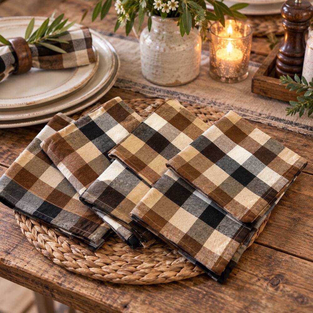 The Farm House Rachel Ashwell Plaid Cloth Napkins 17x17 Brown Black Tan Set of 7
